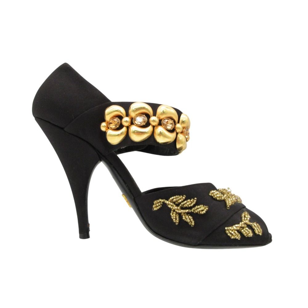 Prada Sandals Open Toe Pumps Satin Bijou Beaded Gold Belt Shoes High Heels — view 2
