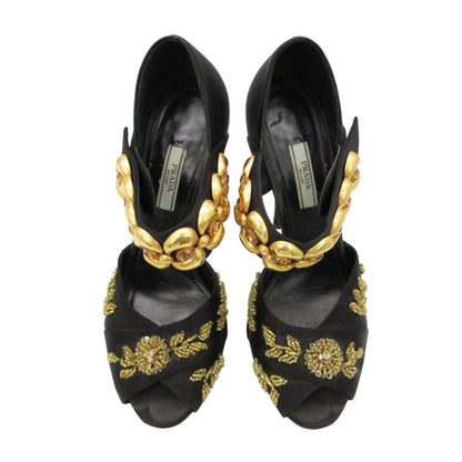 Prada Sandals Open Toe Pumps Satin Bijou Beaded Gold Belt Shoes High Heels — view 3