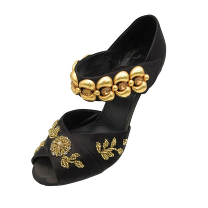 Prada Sandals Open Toe Pumps Satin Bijou Beaded Gold Belt Shoes High Heels