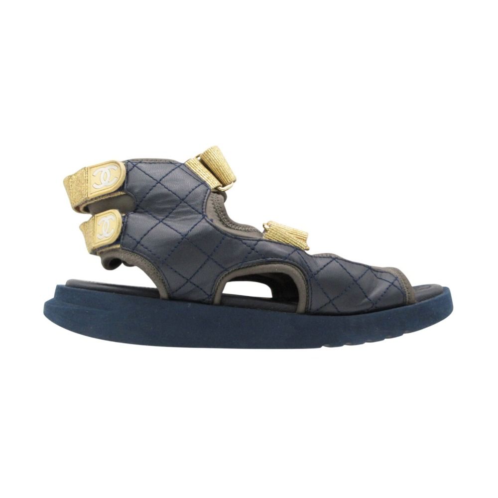 Chanel Sandals Sport Quilted Leather Velcro Strap Belt CC Logo Shoes Navy — view 2