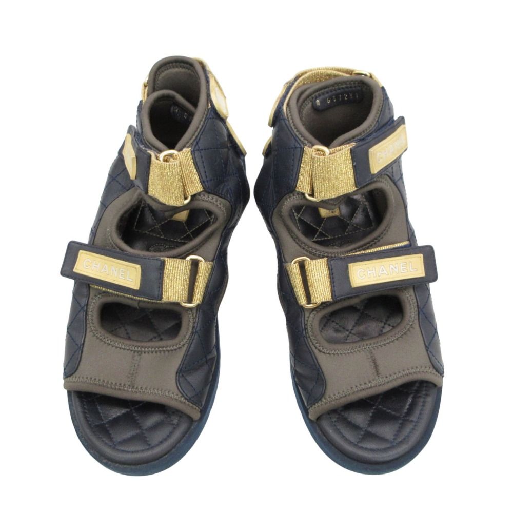 Chanel Sandals Sport Quilted Leather Velcro Strap Belt CC Logo Shoes Navy — view 3