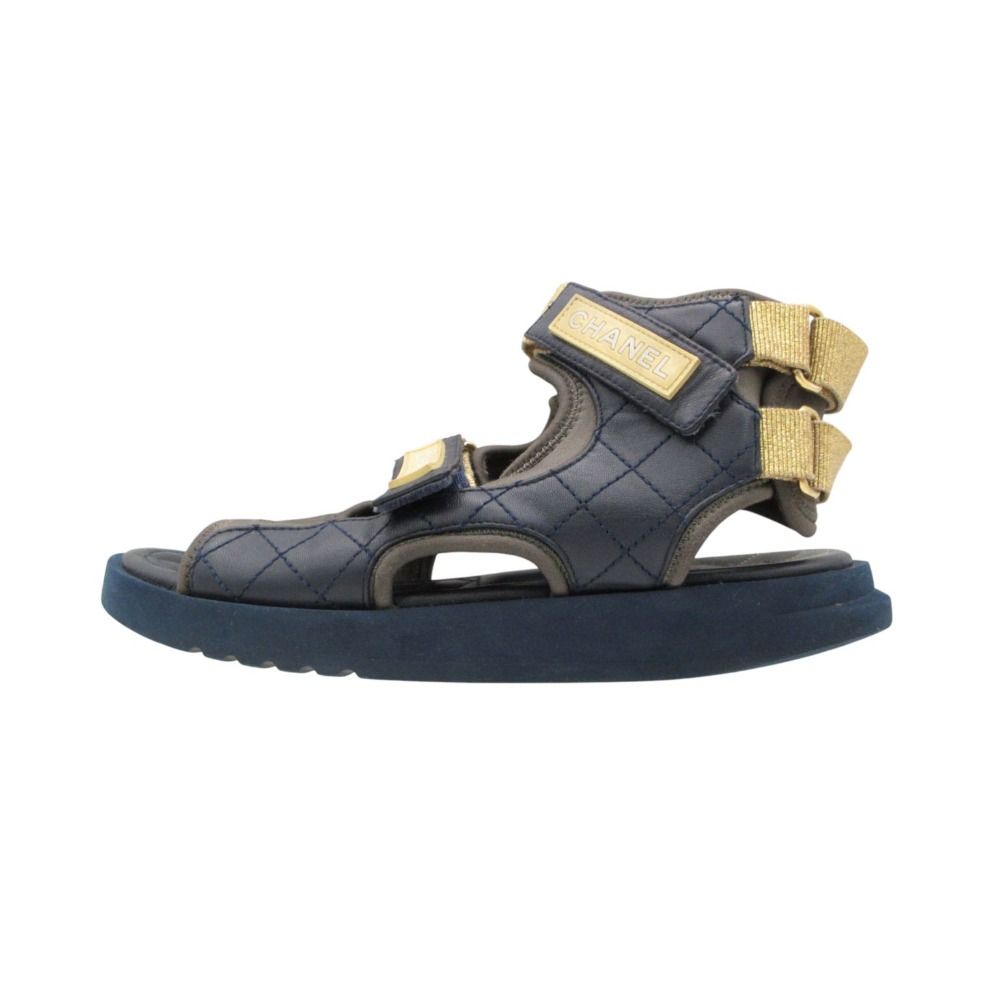 Chanel Sandals Sport Quilted Leather Velcro Strap Belt CC Logo Shoes Navy