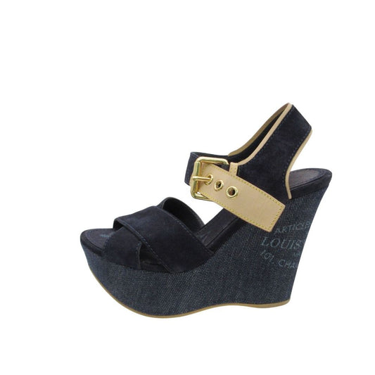 Louis Vuitton Sandals Monogram Wedge Sole Denim Suede Cross Strap Belt Shoes