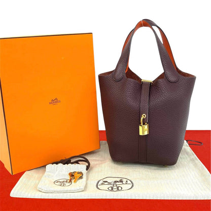 Hermes Picotin Lock PM Taurillon Clemence Swift Handbag Prune Orange Poppy