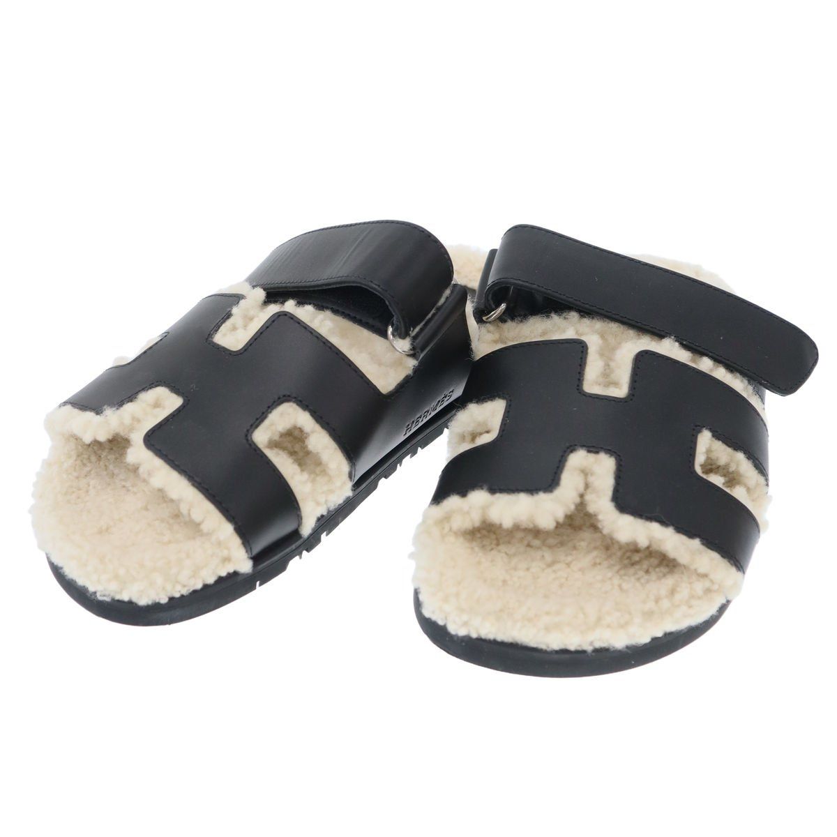 Hermes Chypre Sheepskin Shearling Strap Leather Sandals Black