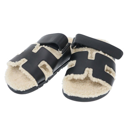 Hermes Chypre Sheepskin Shearling Strap Leather Sandals Black