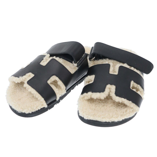Hermes Chypre Sheepskin Shearling Strap Leather Sandals Black