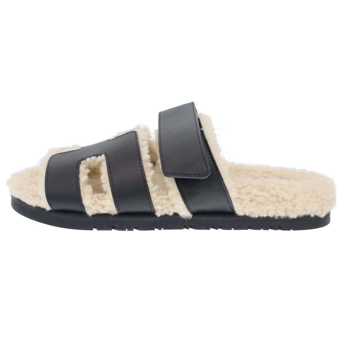 Hermes Chypre Sheepskin Shearling Strap Leather Sandals Black — view 2
