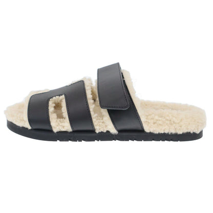 Hermes Chypre Sheepskin Shearling Strap Leather Sandals Black — view 2