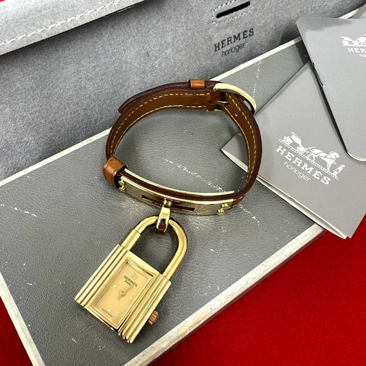 Hermes Vintage Kelly Watch Courchevel Wrist Gold Brown