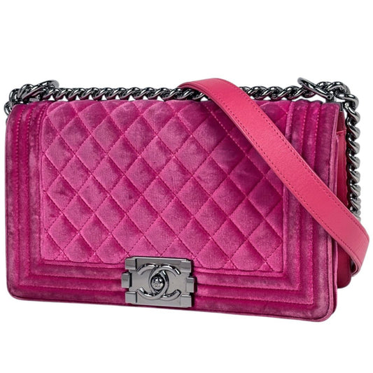 Chanel Shoulder Bag Boy CC Logo Velvet Pink