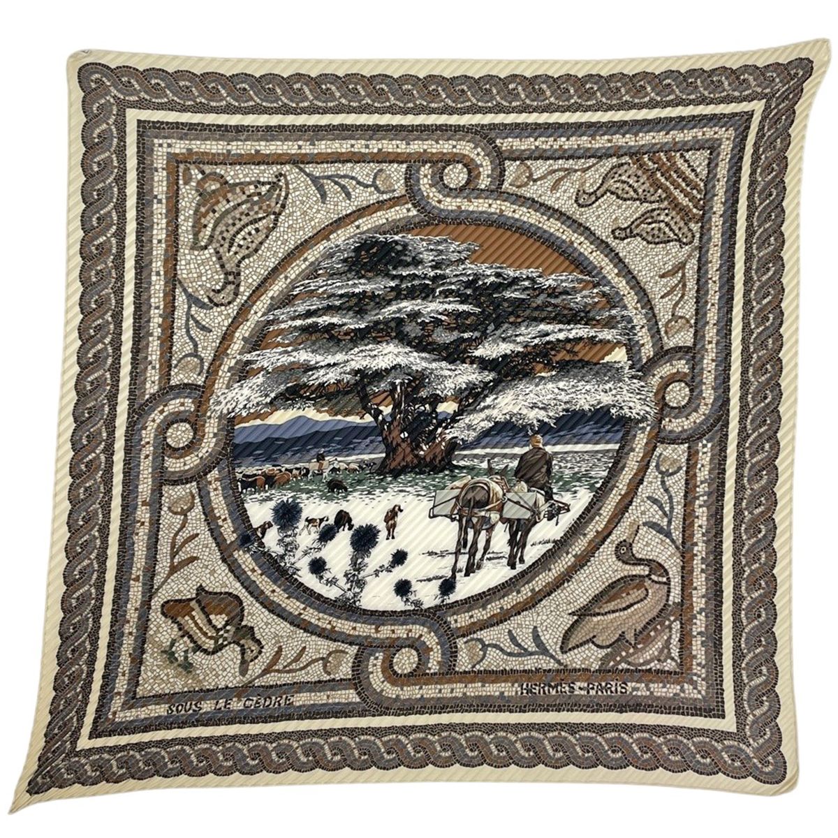 Hermes Carre 90 Sous le Cedre Scarf Under the Himalayan Cedar Pleats Silk White