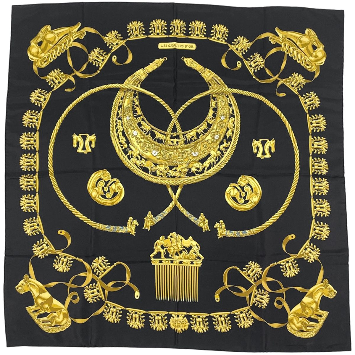 Hermes Carre 90 les Cavaliers D'or Scarf Yellow Golden Knight Silk Black
