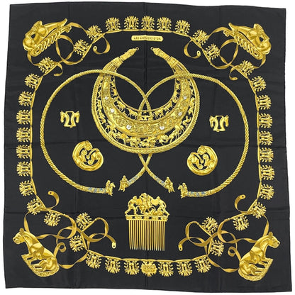 Hermes Carre 90 les Cavaliers D'or Scarf Yellow Golden Knight Silk Black