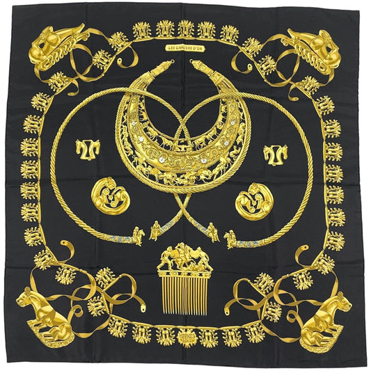 Hermes Carre 90 les Cavaliers D'or Scarf Yellow Golden Knight Silk Black
