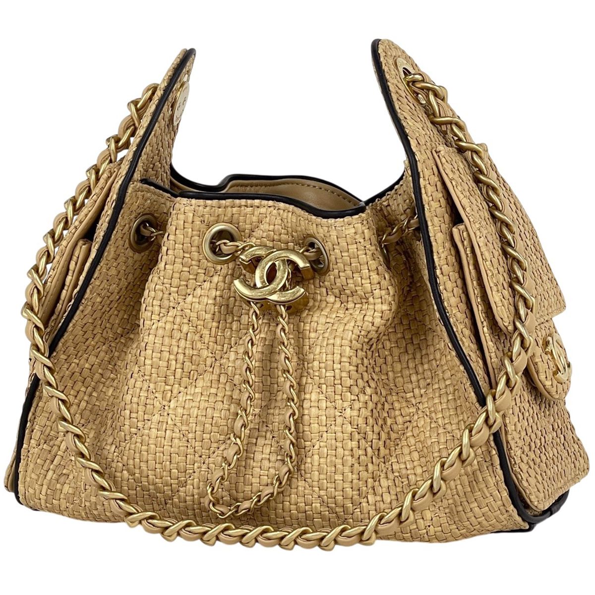 Chanel 25 Mini Handbag CC Logo Raffia Beige Black