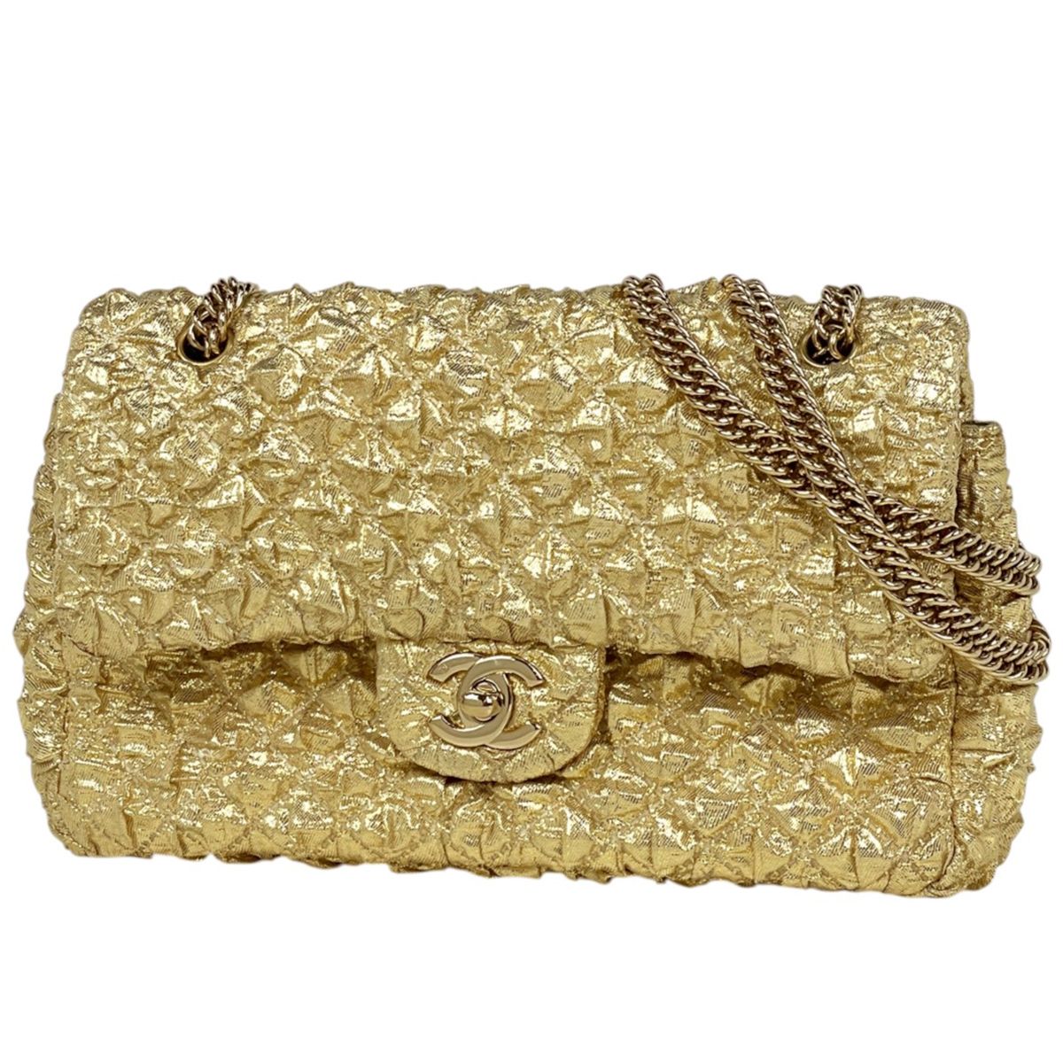 Chanel Shoulder Bag CC Logo Double Flap Fabric Gold