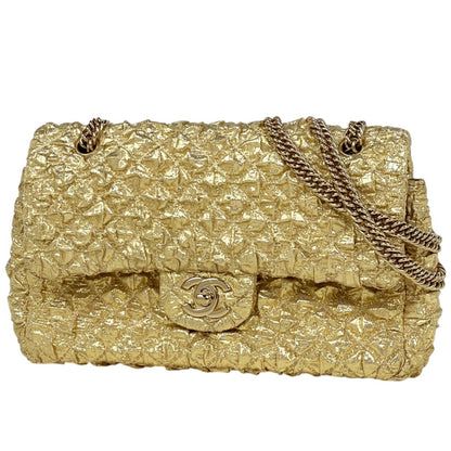 Chanel Shoulder Bag CC Logo Double Flap Fabric Gold