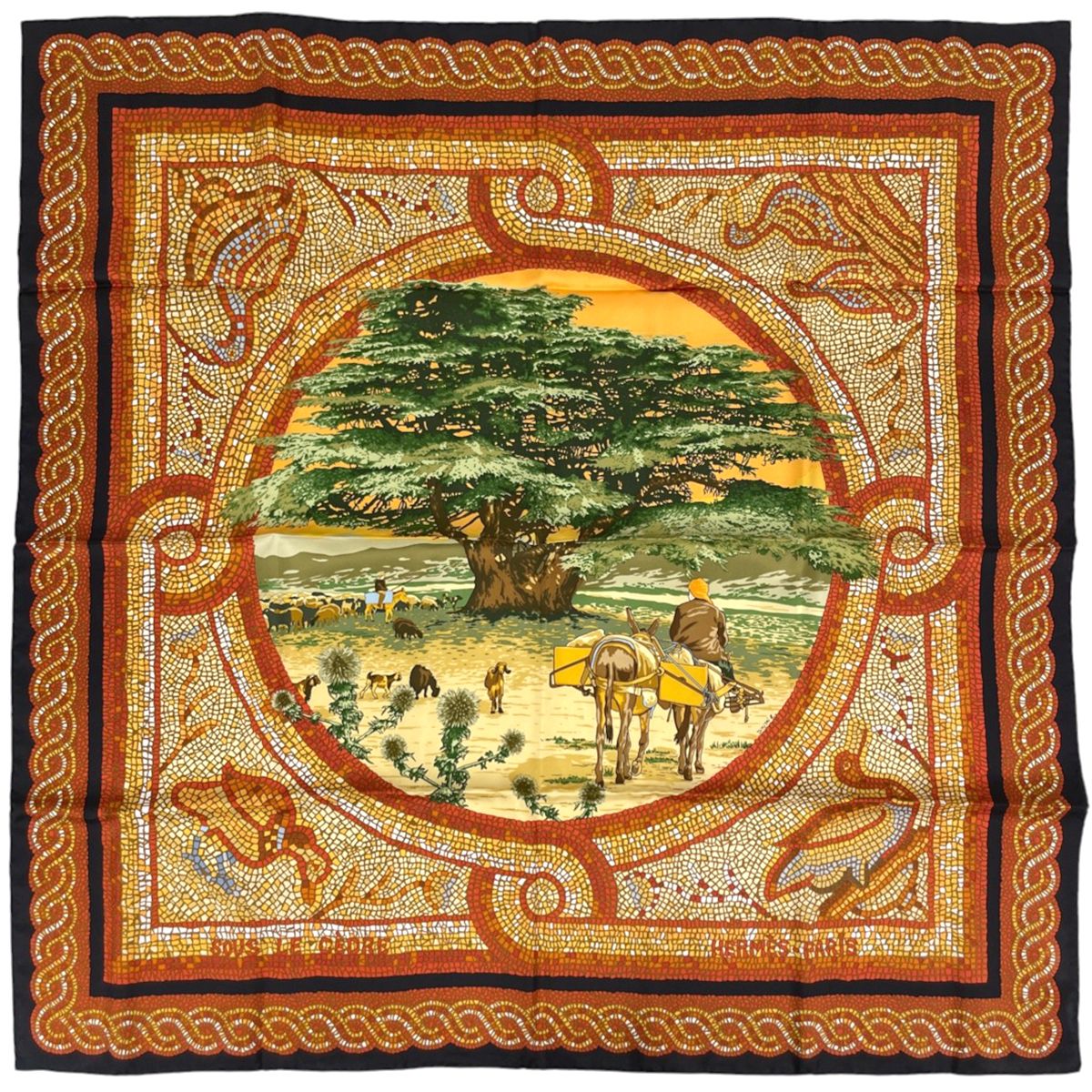 Hermes Carre 90 Sous le Cedre Scarf Under the Himalayan Cedar Silk Orange Black