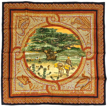 Hermes Carre 90 Sous le Cedre Scarf Under the Himalayan Cedar Silk Orange Black