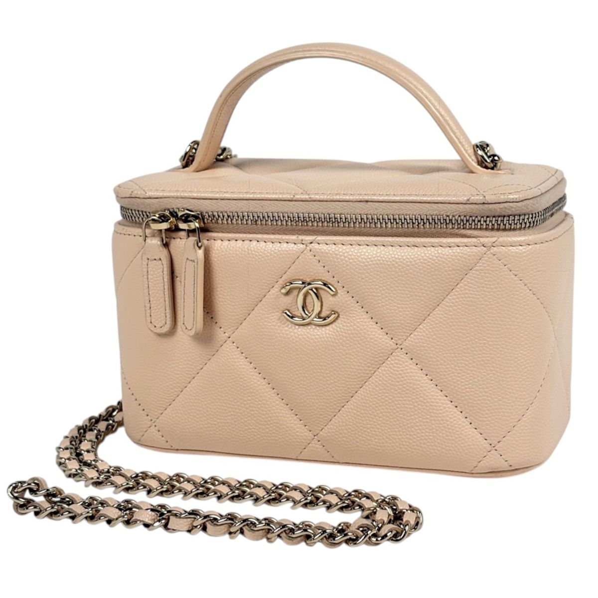 Chanel Shoulder Bag CC Logo Vanity Top Handle Caviar Leather Beige