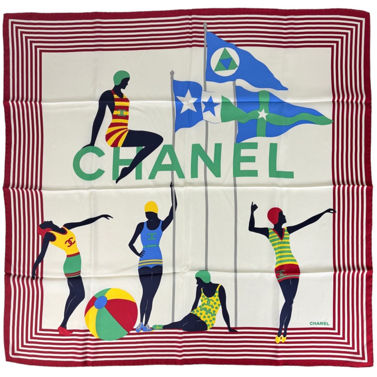 Chanel Scarf CC Logo Silk Red Multicolor