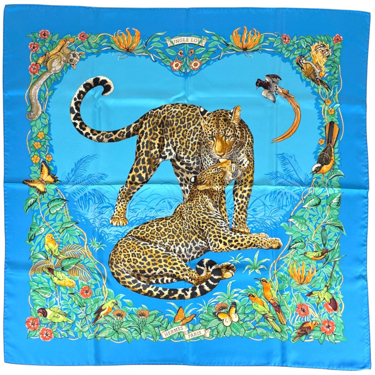 Hermes Carre 90 Jungle Love Scarf Leopard Print Silk Blue Multicolor