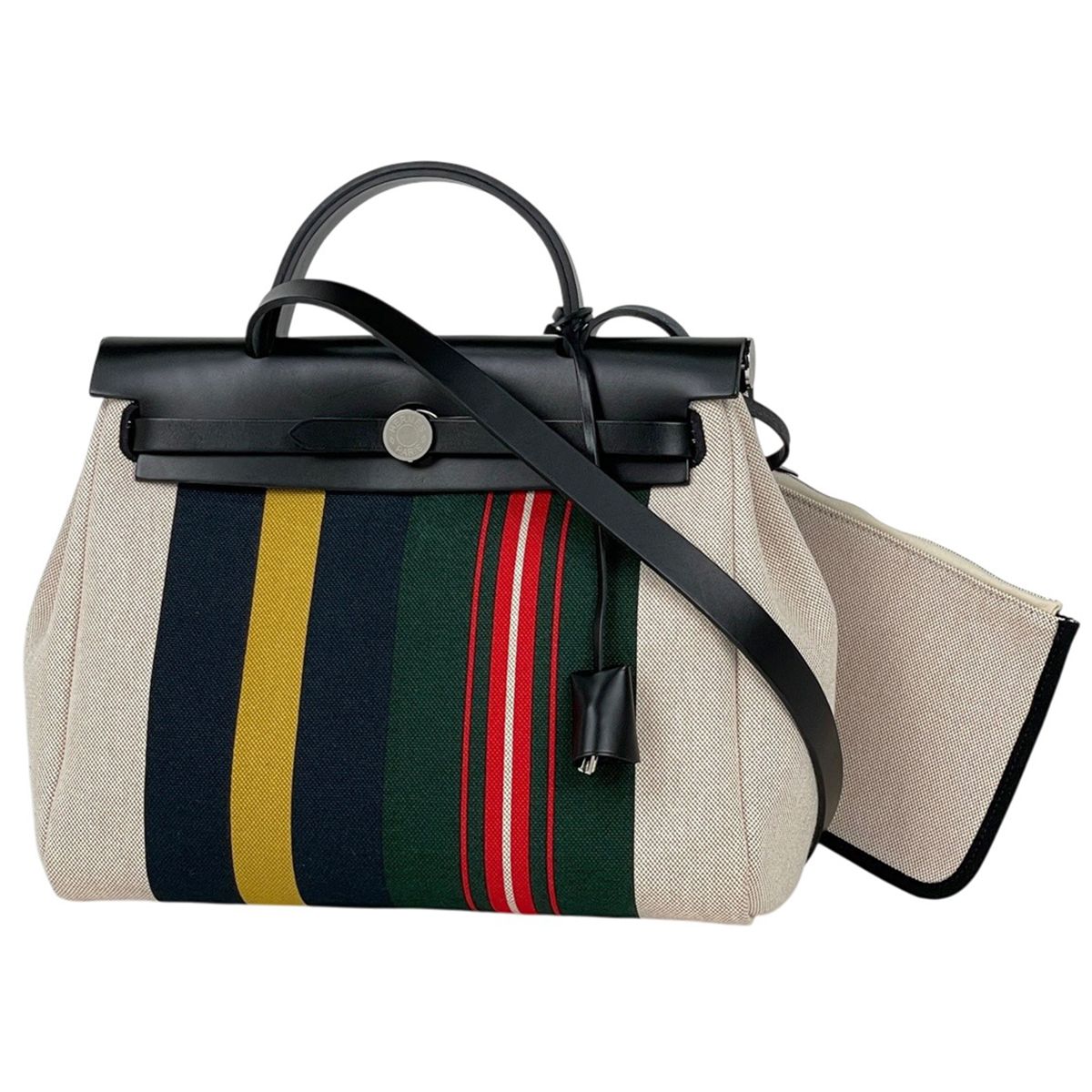 Hermes Herbag Zip 31 Retourne Lacquer Handbag 2-Way Rayeur Toile H Natural
