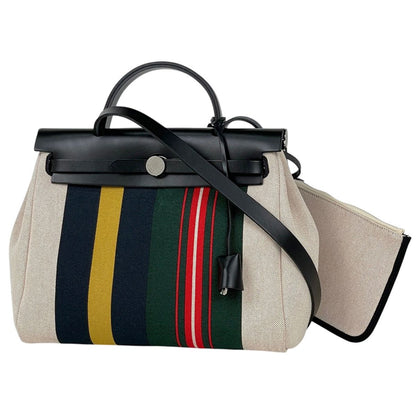 Hermes Herbag Zip 31 Retourne Lacquer Handbag 2-Way Rayeur Toile H Natural