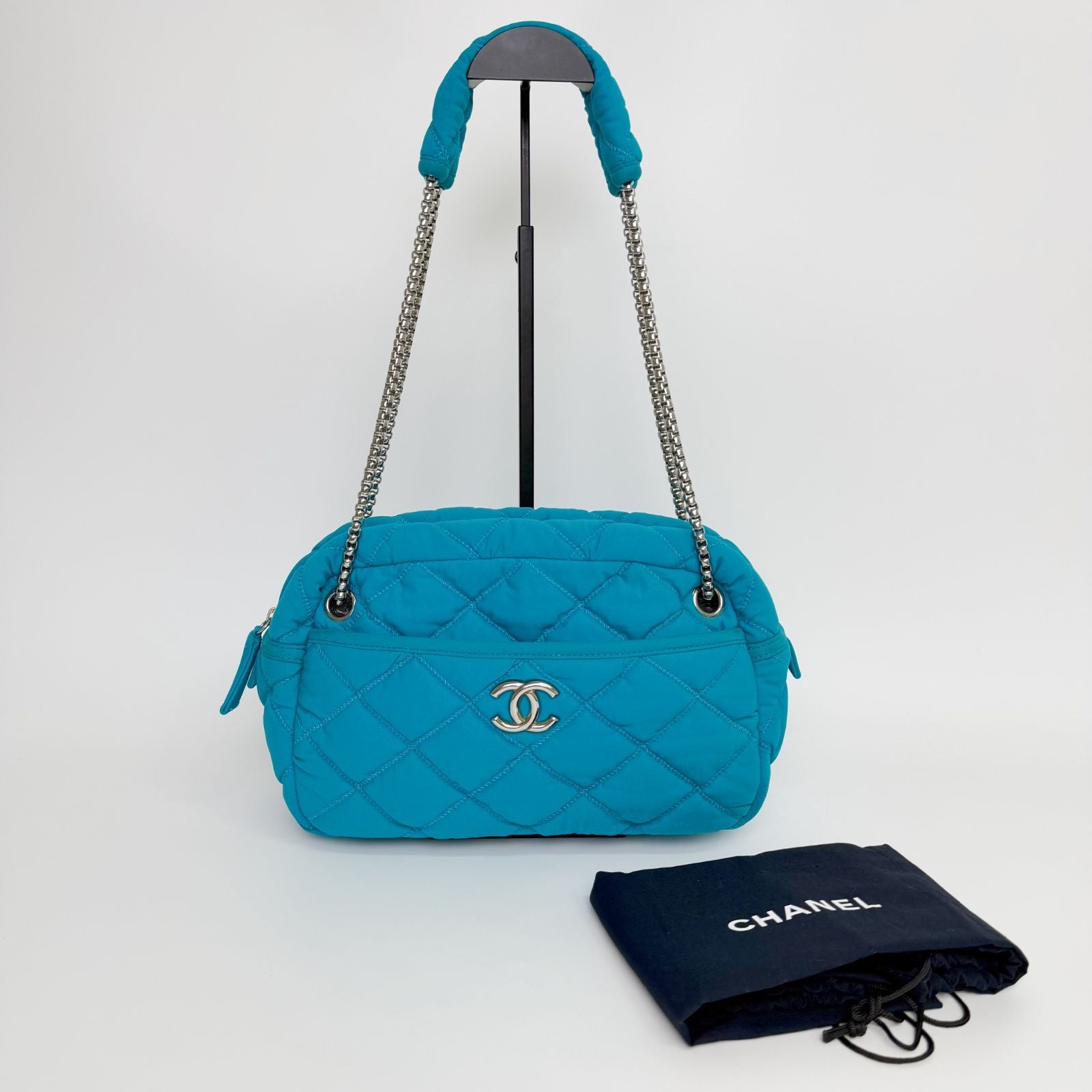 Chanel Bubble Quilt Chain Shoulder Bag Cotton Turquoise Blue Silver Seal Vintage — view 2