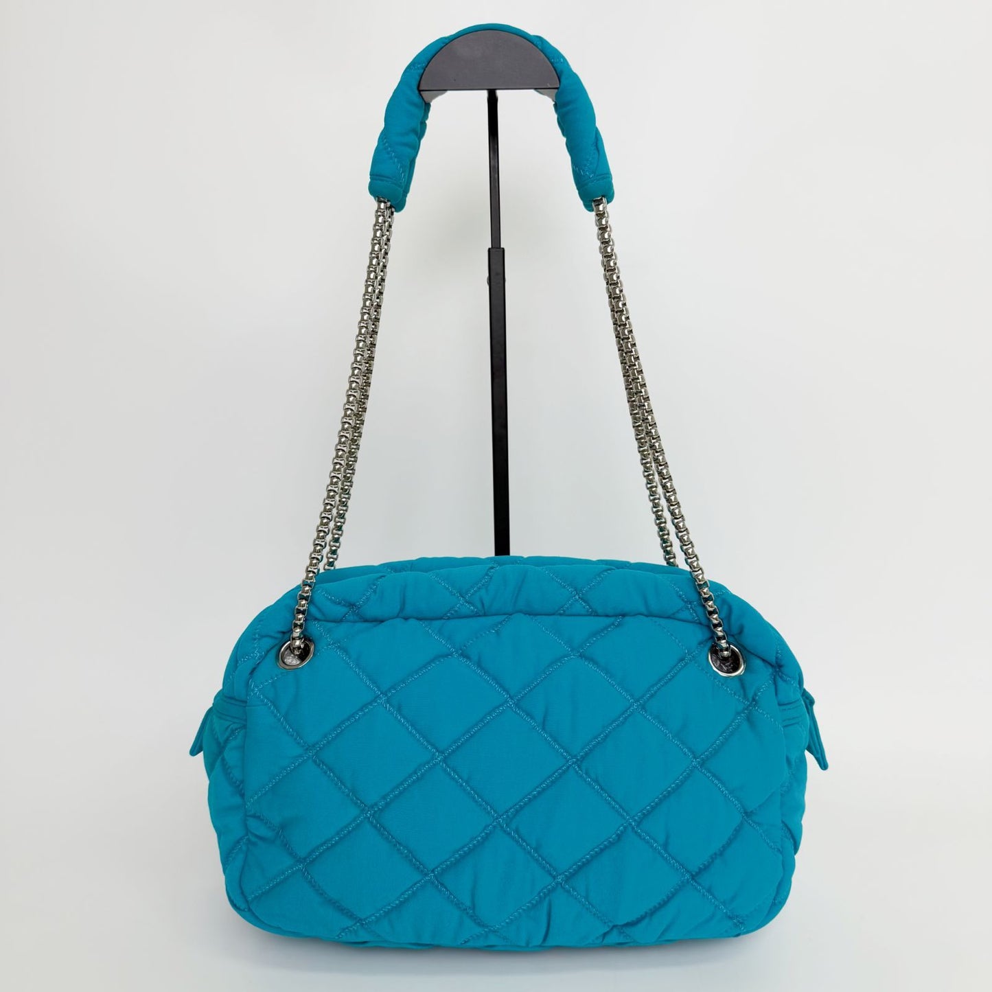 Chanel Bubble Quilt Chain Shoulder Bag Cotton Turquoise Blue Silver Seal Vintage — view 4
