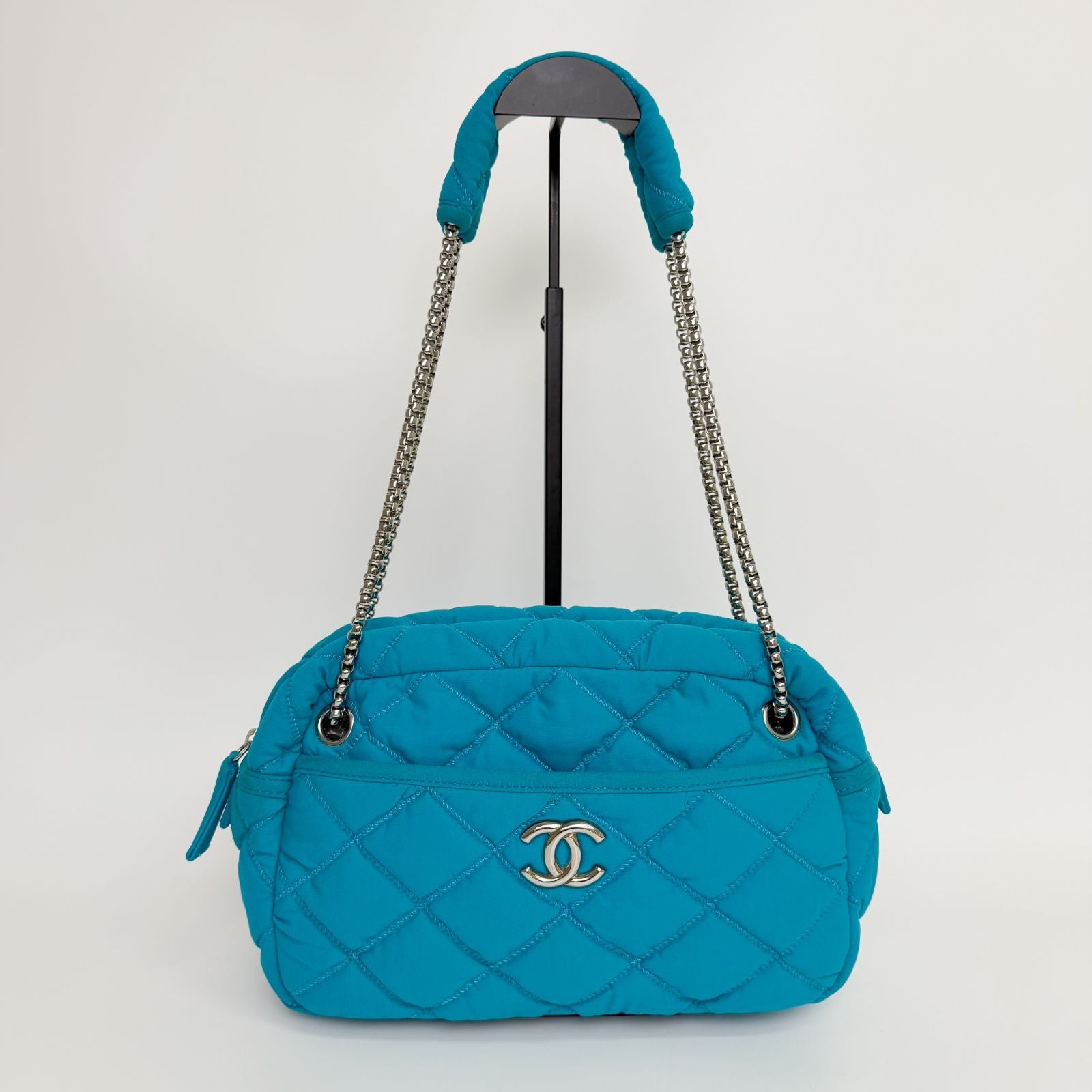 Chanel Bubble Quilt Chain Shoulder Bag Cotton Turquoise Blue Silver Seal Vintage — view 3