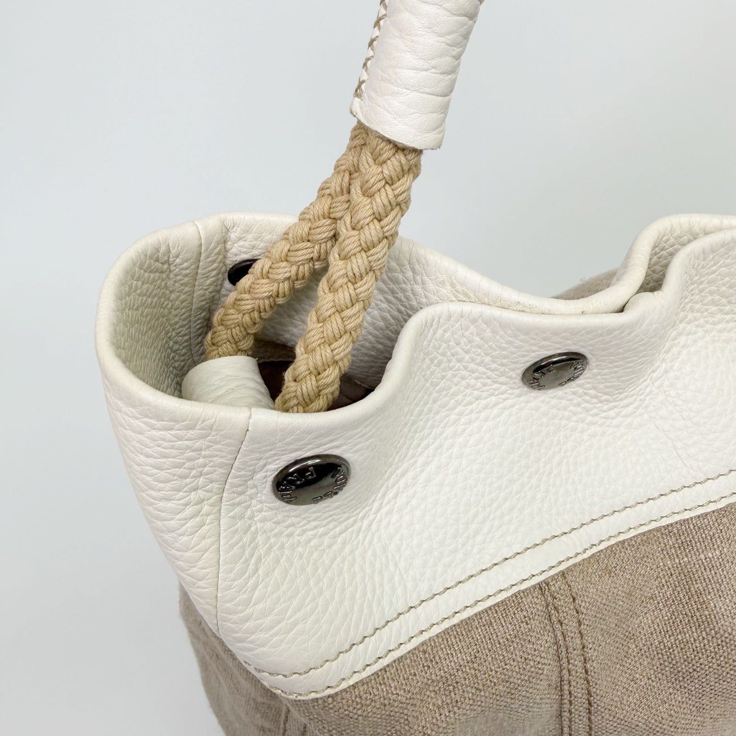 Prada Rope Handle Fringe Hobo Tote Shoulder Bag Canvas Leather Beige Vintage — view 6