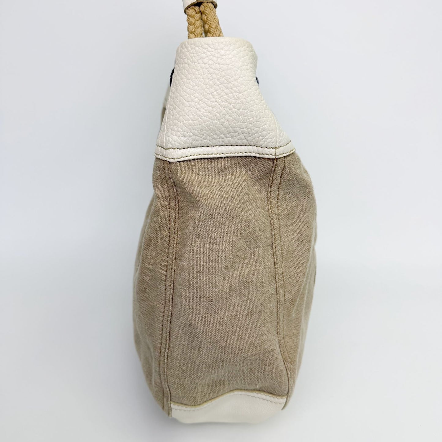Prada Rope Handle Fringe Hobo Tote Shoulder Bag Canvas Leather Beige Vintage — view 5