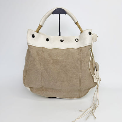 Prada Rope Handle Fringe Hobo Tote Shoulder Bag Canvas Leather Beige Vintage — view 4
