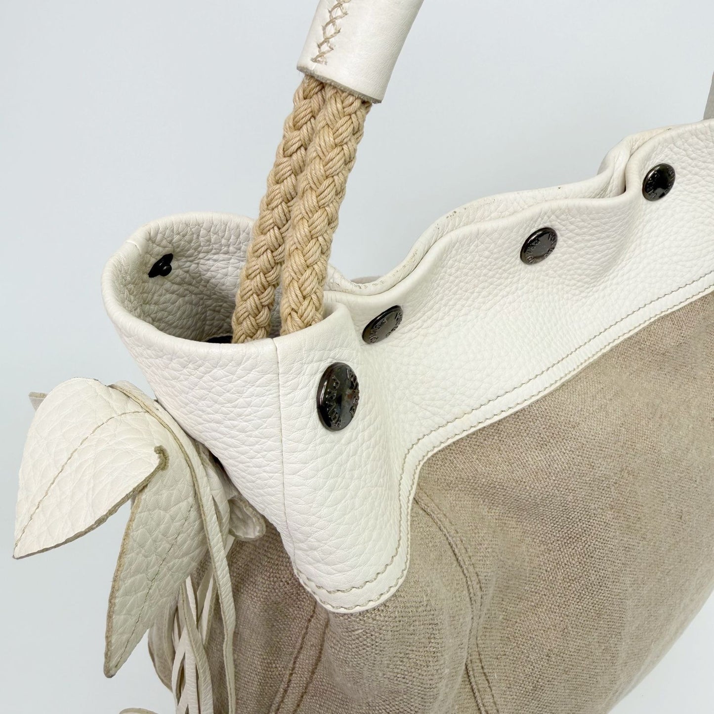 Prada Rope Handle Fringe Hobo Tote Shoulder Bag Canvas Leather Beige Vintage — view 8