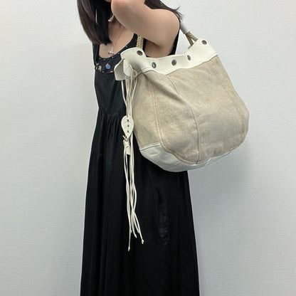 Prada Rope Handle Fringe Hobo Tote Shoulder Bag Canvas Leather Beige Vintage — view 2