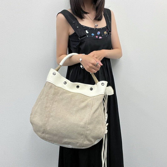 Prada Rope Handle Fringe Hobo Tote Shoulder Bag Canvas Leather Beige Vintage