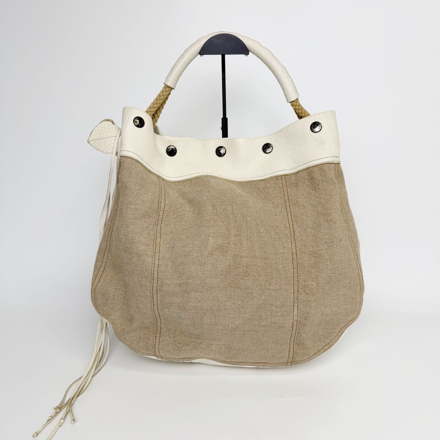 Prada Rope Handle Fringe Hobo Tote Shoulder Bag Canvas Leather Beige Vintage — view 3
