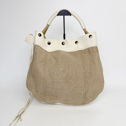 Prada Rope Handle Fringe Hobo Tote Shoulder Bag Canvas Leather Beige Vintage — view 3