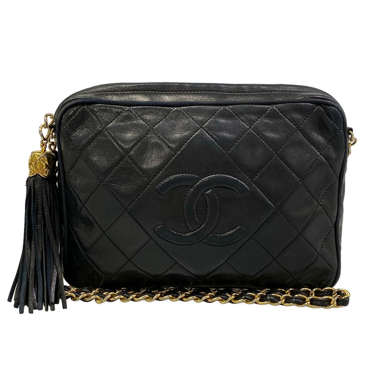 Chanel Shoulder Bag Quilted Black Gold Tassel Chain Lambskin