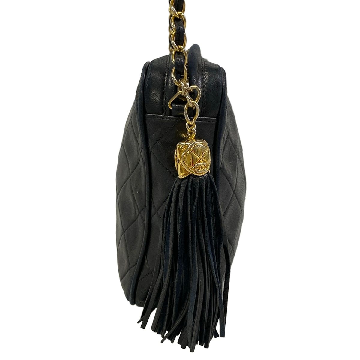 Chanel Shoulder Bag Quilted Black Gold Tassel Chain Lambskin — view 2