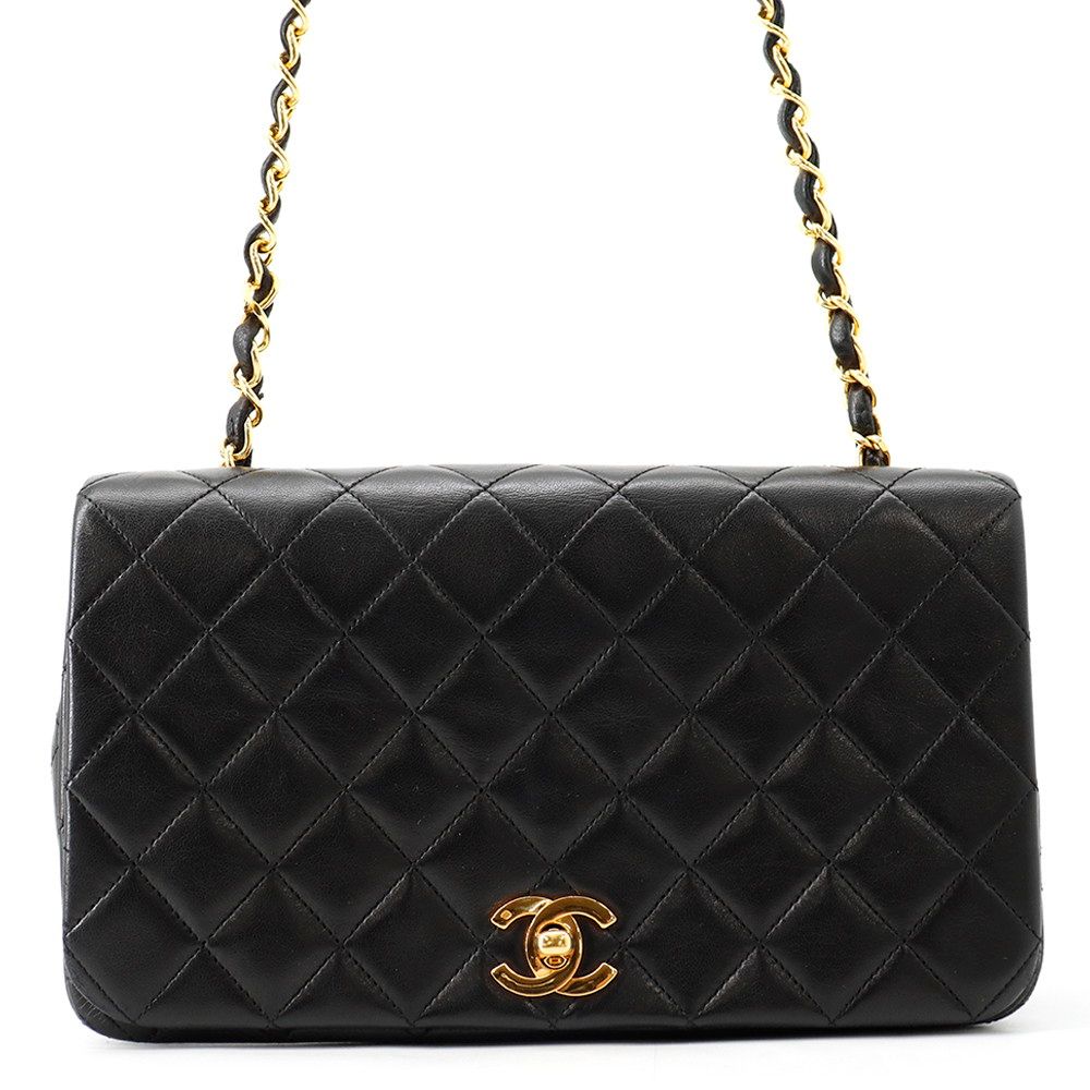 Chanel Chain Shoulder Bag Quilted CC Logo Full Flap Lambskin Black