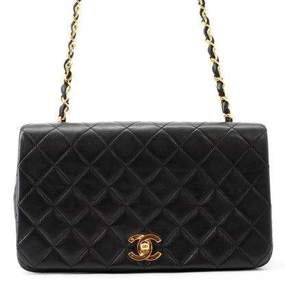 Chanel Chain Shoulder Bag Quilted CC Logo Full Flap Lambskin Black