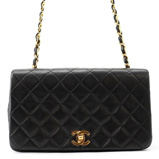 Chanel Chain Shoulder Bag Quilted CC Logo Full Flap Lambskin Black