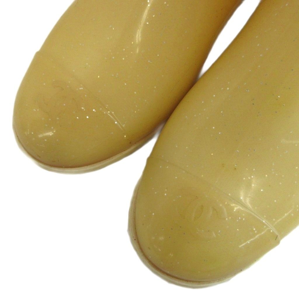 Chanel Camellia CC Logo Rain Boots Rubber Glitter Long Beige — view 3