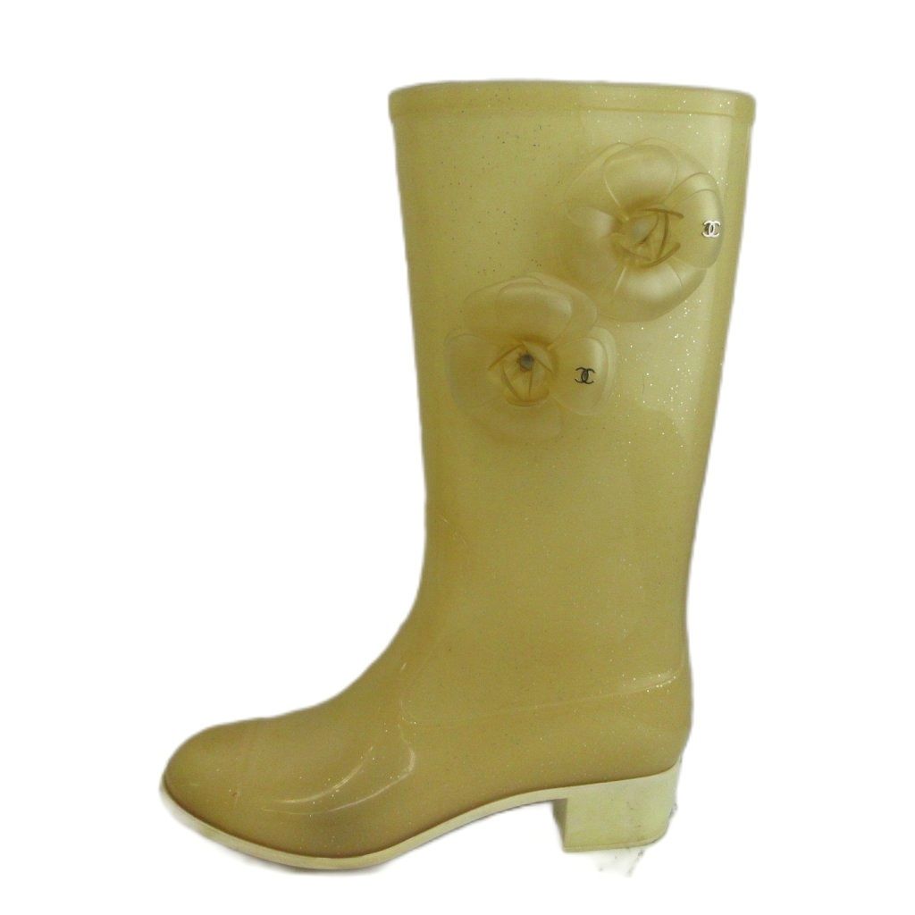Chanel Camellia CC Logo Rain Boots Rubber Glitter Long Beige — view 2