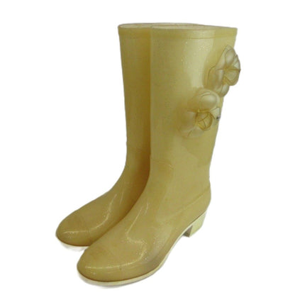Chanel Camellia CC Logo Rain Boots Rubber Glitter Long Beige