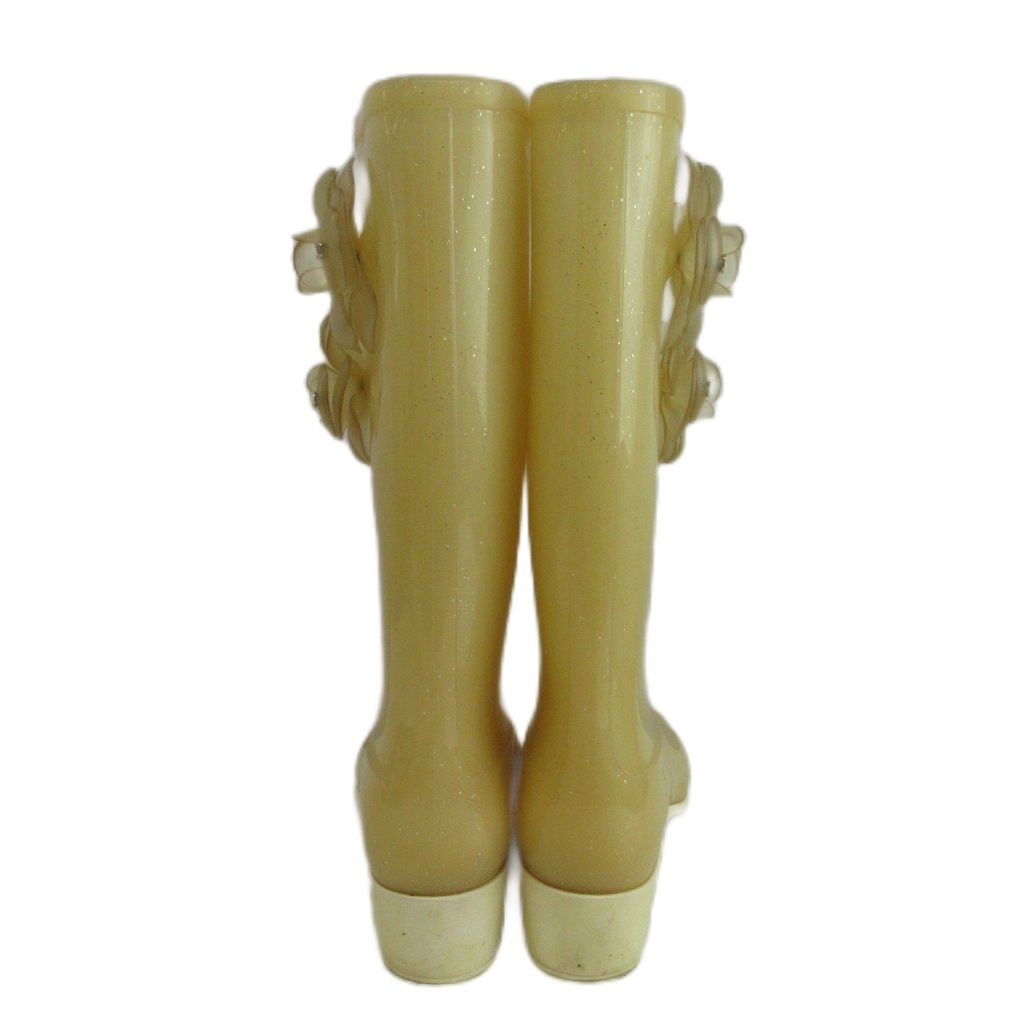 Chanel Camellia CC Logo Rain Boots Rubber Glitter Long Beige — view 5
