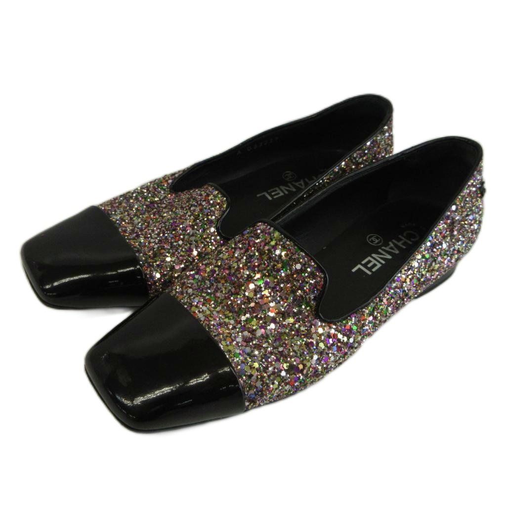 Chanel Glitter Patent Loafers Pumps Square Toe Flat CC Logo Multicolor
